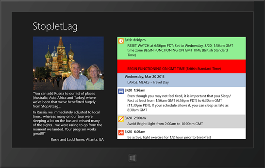 StopJetLag on Windows 8 jet lag advice